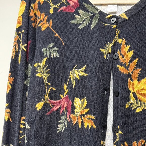 CJ Banks women's 1X black long sleeve cardigan with fall leaves - Picture 2 of 6